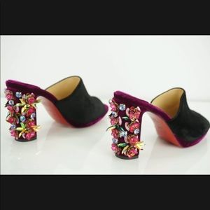 Christian Louboutin Black Donaflor Purple Figue Velvet Crystal Appleique Mules!